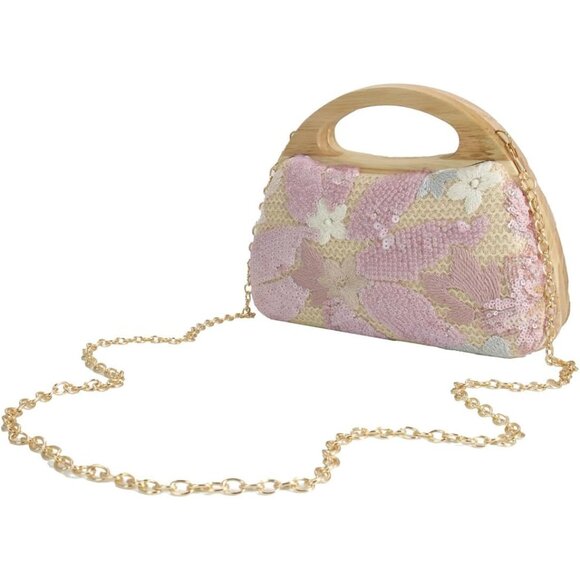 Pink Straw Clutch Handbag for Women Summer Evening Party Wedding with Removable - Picture 6 of 6